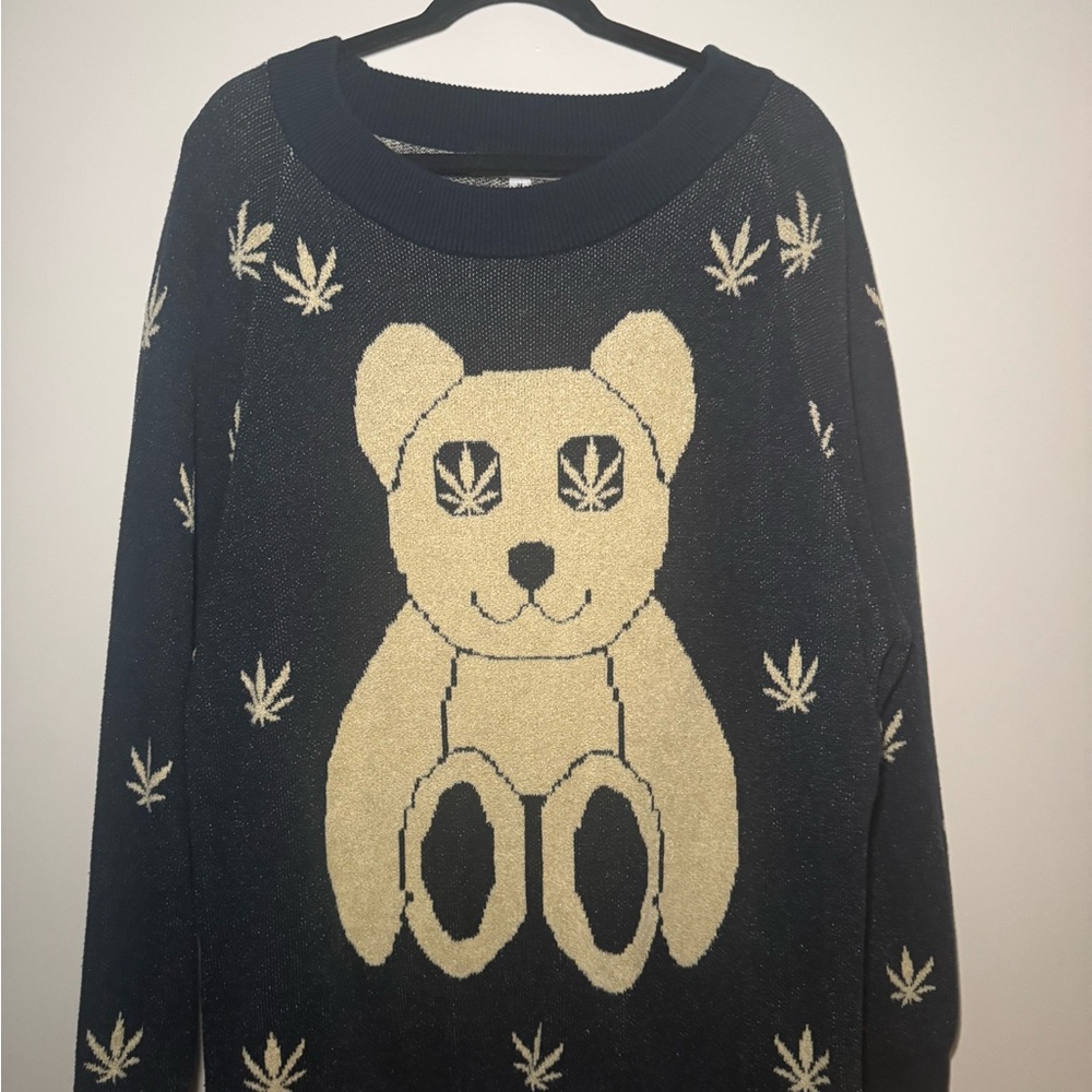 Urban Outfitters Mary Jane Bear Navy and Crème Knit Sweater